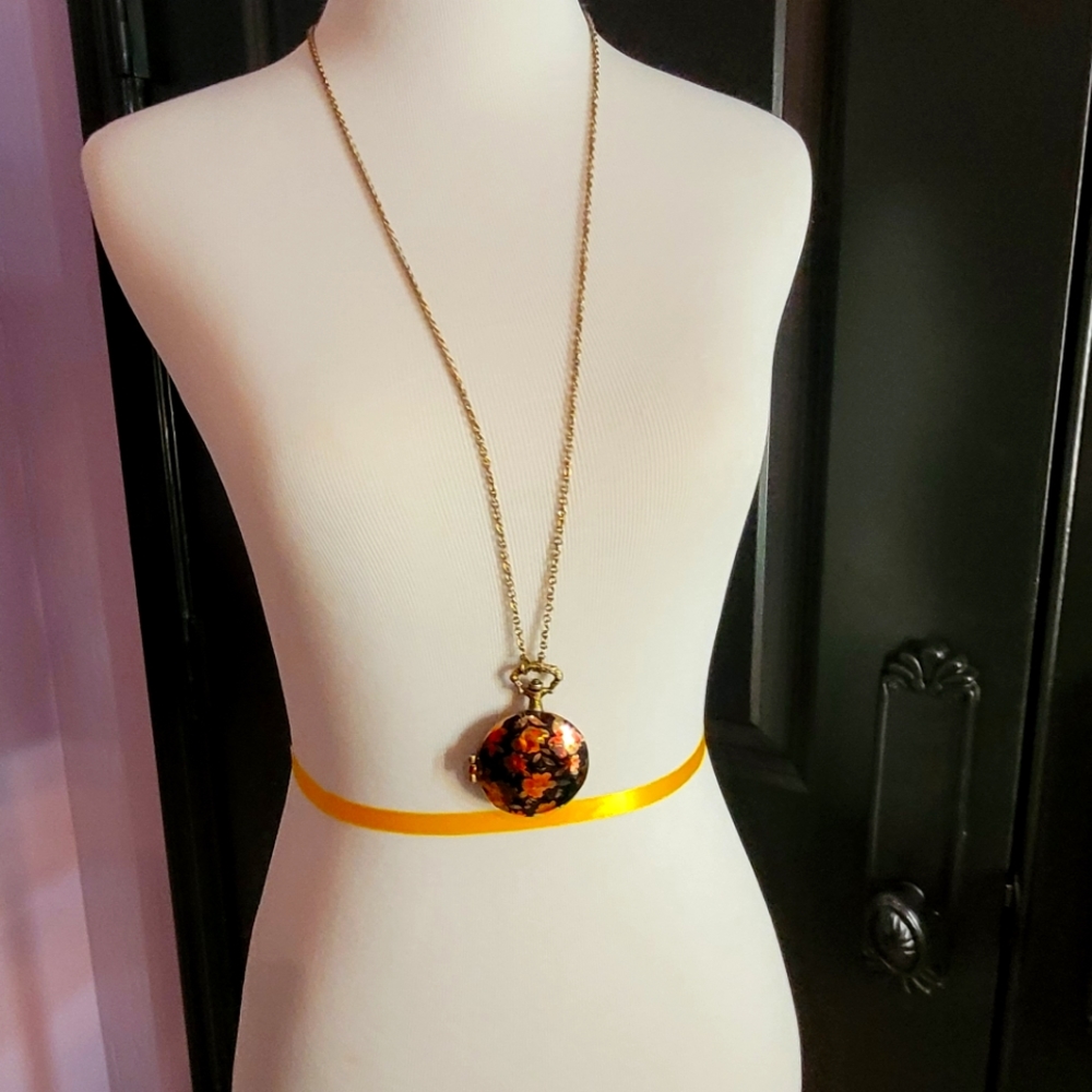 Long vintage inspired pocket watch locket necklace magnet closure